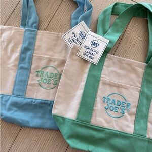 2 Trader Joes Mini Pastel Canvas Tote Bag - Green or Blue